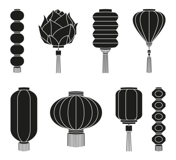 ilustrações, clipart, desenhos animados e ícones de conjunto de silhueta de lanterna chinesa de preto e branco - lantern wishing sky night