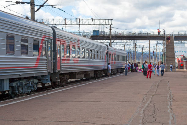 Ulan-Ude, Russia - July 29 2018: Trans-Siberian in Ulan-Ude railway station ready to depart to Ulaanbatar in Mongolia.