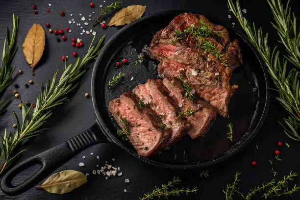 Photo of Tender sliced sous-vide beef steak in a cast iron pan