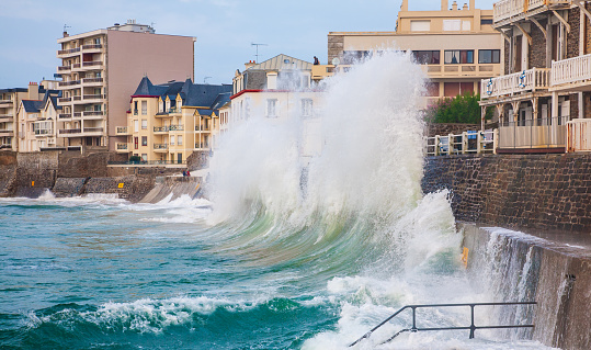 Big waves crushingin in Saint Malo, France