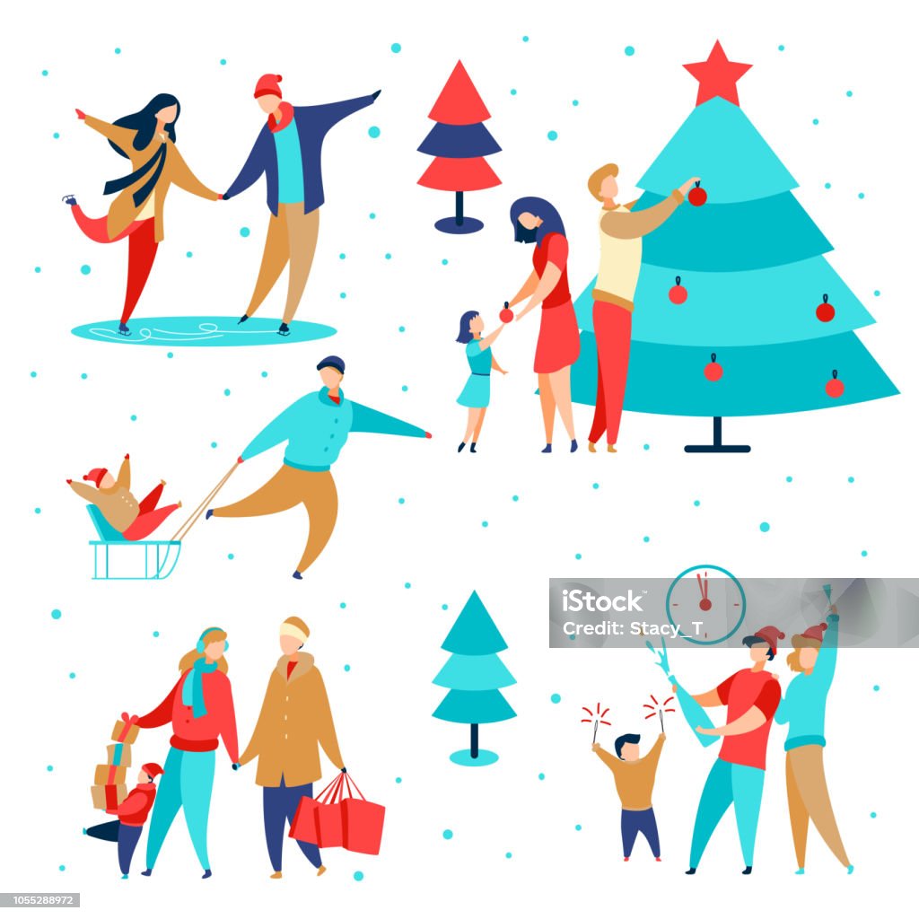 Family holidays set2 Modern cartoon flat characters family winter holidays,happy new year concept set.Flat small people happily decorating Christmas tree,celebrating holiday,shopping,carry gift boxes,ice skating,sledding Family stock vector