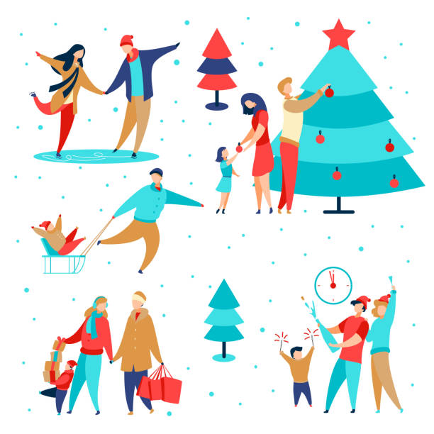 Family holidays set2 Modern cartoon flat characters family winter holidays,happy new year concept set.Flat small people happily decorating Christmas tree,celebrating holiday,shopping,carry gift boxes,ice skating,sledding family christmas stock illustrations