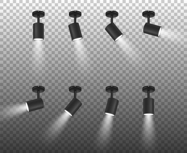 Vector Realistic 3d Black Spotlights Set in Different Slopes Closeup Isolated on Transparent Background. Design Template of Bright Lighting Glowing Spots with Ligh Effect for Ceremony, show, stage etc Vector Realistic 3d Black Spotlights Set in Different Slopes Closeup Isolated on Transparent Background. Design Template of Bright Lighting Glowing Spots with Ligh Effect for Ceremony, show, stage etc. stage lights stock illustrations