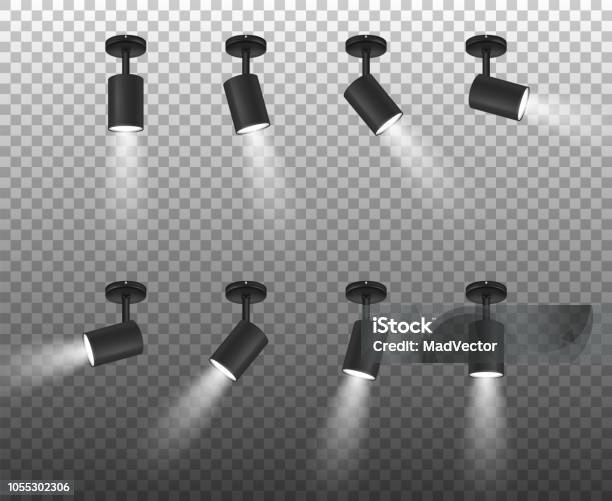 Vector Realistic 3d Black Spotlights Set In Different Slopes Closeup Isolated On Transparent Background Design Template Of Bright Lighting Glowing Spots With Ligh Effect For Ceremony Show Stage Etc Stock Illustration - Download Image Now