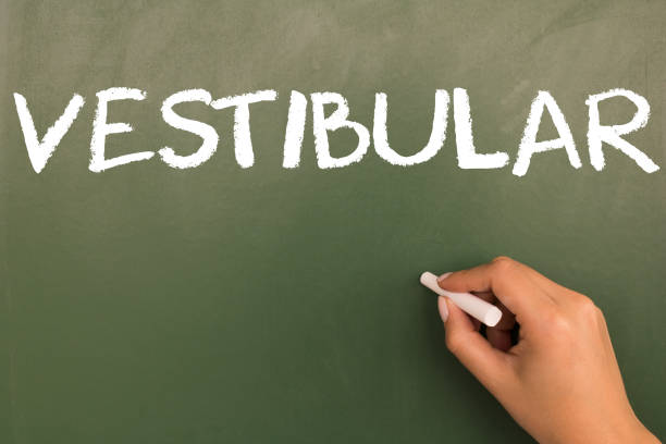 istock Female hand writing with chalk on empty green chalkboard. (translation portuguese:  entrance exam) 1055304274