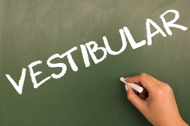 istock Female hand writing with chalk on empty green chalkboard. (translation portuguese:  entrance exam) 1055304308