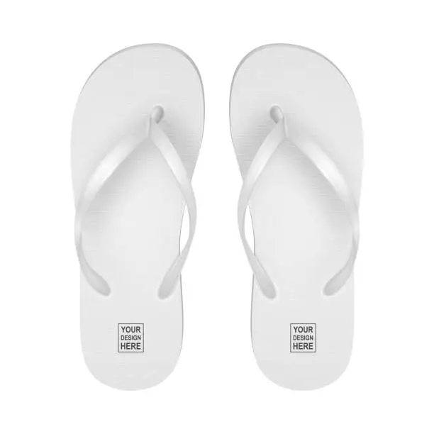 Vector illustration of Vector Realistic 3d White Blank Empty Flip Flop Set Closeup Isolated on White Background. Design Template of Summer Beach Holiday Flip Flops Pair For Advertise, Logo Print, Mockup. Front View