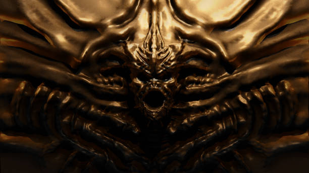 istock Bronze bas-relief monster with horns. 3d illustration 1055306952
