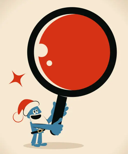 Vector illustration of Blue man with santa hat and beard holding a huge magnifying glass