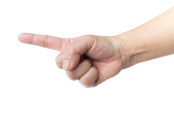 istock Female hand and fingers showing number one isolated on white 1055314672