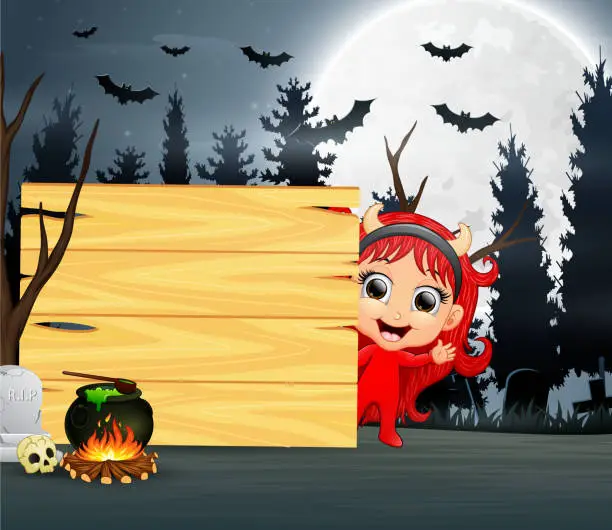 Vector illustration of Halloween cartoon a girl wearing red devil costume