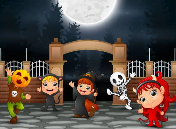 Vector illustration of Happy Halloween party with group of children in different costume