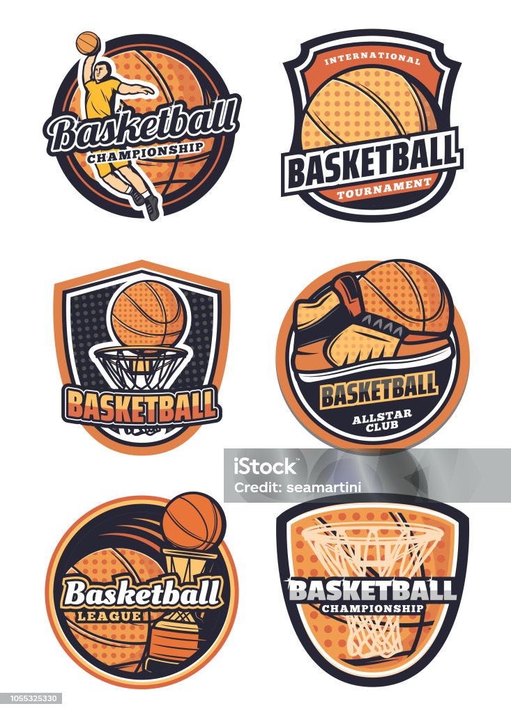 Basketball sport team vector badges Basketball league, championship or tournament, sport team badges. Vector icons of basketball ball in basket net goal, player and sneakers, victory cup game contest Adult stock vector