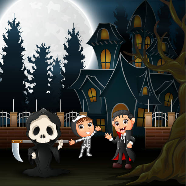 istock Happy halloween kids with scary house and full moon in the night 1055327090