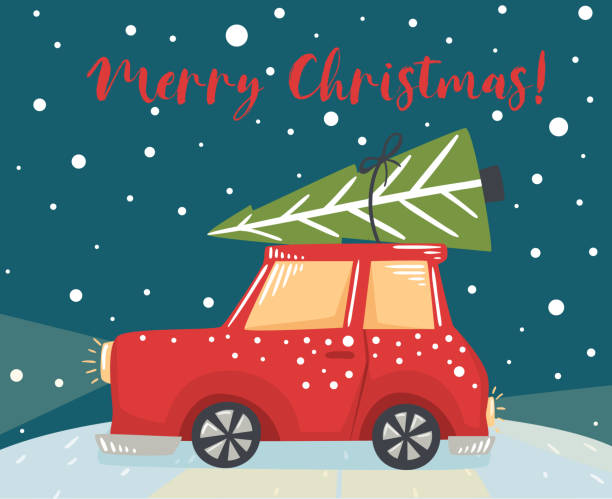 istock Christmas car with fir tree scandinavian card. New year delivery. 1055335812