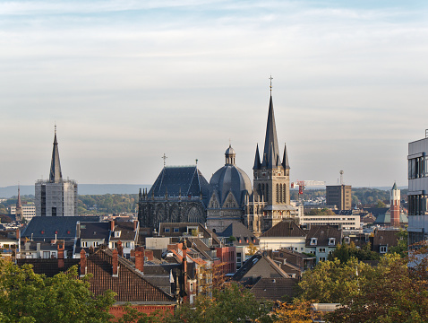 Aachen skyline with cathedral and surrounding buildings on bright summer afternoon