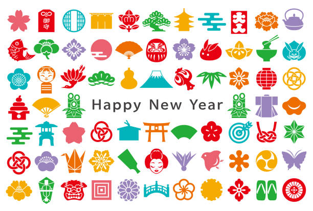 Japanese colorful icons. new year card. Japanese traditional design. vector illustration. shinto shrine stock illustrations