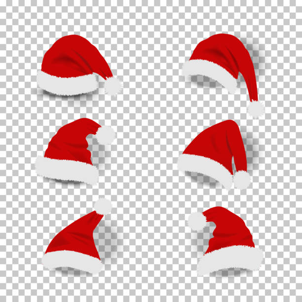 sammlung von roten santa hüte auf transparentem hintergrund. - nikolausmütze stock-grafiken, -clipart, -cartoons und -symbole