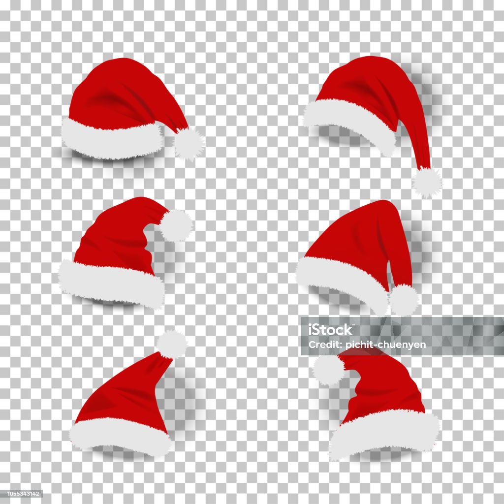 Collection de chapeaux santa rouges sur fond transparent. - clipart vectoriel de Chapeau de Père Noël libre de droits