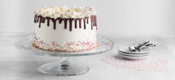 istock Easy Birthday Drip Cake with chocolate ganache and sprinkles on a white background banner with party decor. Copy space. Celebration concept. Trendy Drip Cake. 1055343772