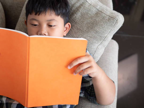 istock Cute asian children reading a book while lying on a sofa in the room. education concept 1055349820