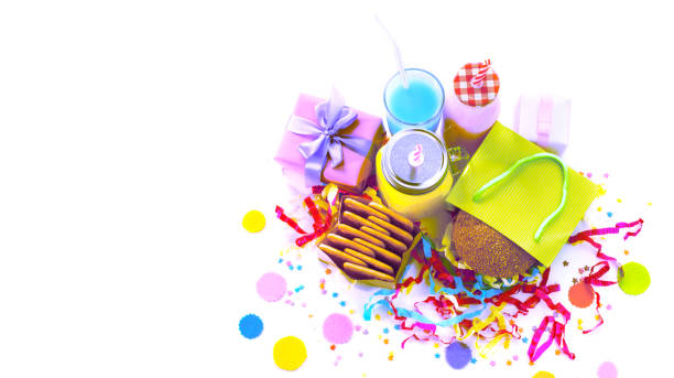 Surrealism Banner Festive composition drinks snacks holiday hamburger cookie tinsel confetti gift box cocktail saturated colors.
