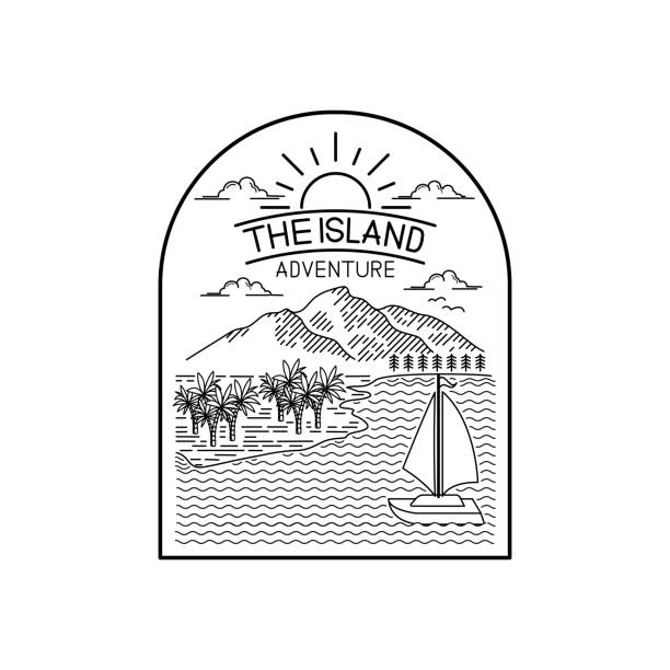 ilustraciones, imágenes clip art, dibujos animados e iconos de stock de isla tropical línea arte diseño - hawaii islands summer surfboard tropical climate