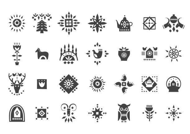 bildbanksillustrationer, clip art samt tecknat material och ikoner med vector uppsättning svart jul ikoner i skandinavisk stil. - hygge