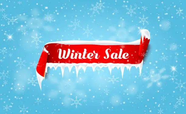 Vector illustration of Winter sale. Promo poster with red satin ribbon and snow.