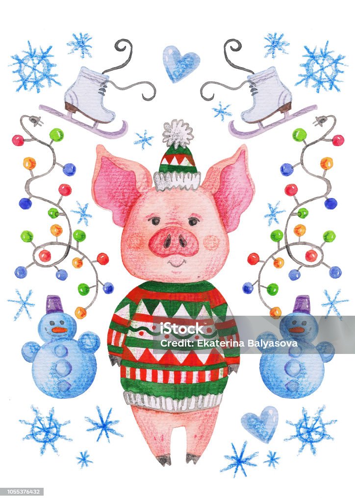 Pig in a jacket and a hat. Pig warmly dressed in winter, it is among the snow and snowmen. Watercolor illustration with a pig Christmas stock illustration