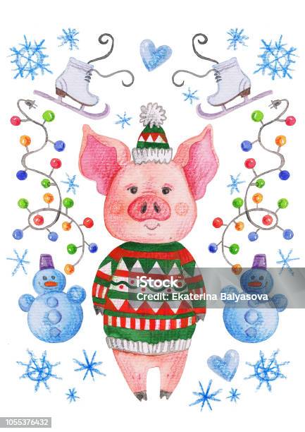 Pig In A Jacket And A Hat Pig Warmly Dressed In Winter It Is Among The Snow And Snowmen Watercolor Illustration With A Pig Stock Illustration - Download Image Now