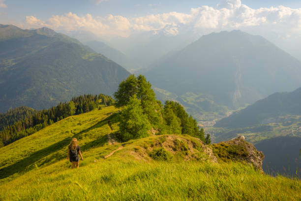 A woman walking though a flower-filled meadow in the Swiss alps at sunset, Verbier, Switzerland.