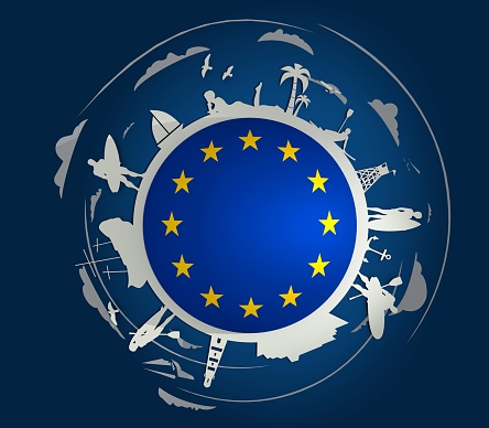Circle with tropical recreation silhouettes. Objects located around the circle. Human posing with surfboard, ship, palm and lifeguard tower. European Union flag in the center. 3D rendering