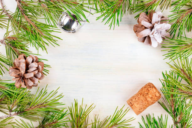 istock Christmas background with fir tree branches, cones, snow, and a champagne cork with copy space, shot from above 1055392010