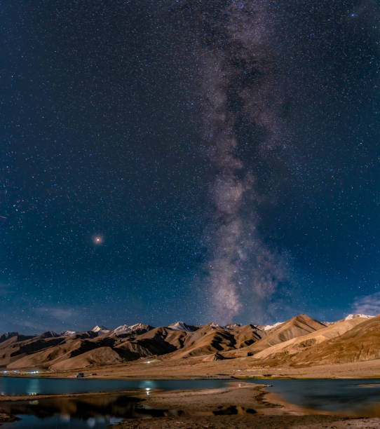 Panorama of arching Milky Way galactic center over the mountain at Pangong Lake or Pangong Tso, Ladakh, Jammu and Kashmir, India. Panorama of arching Milky Way galactic center over the mountain at Pangong Lake or Pangong Tso, Ladakh, Jammu and Kashmir, India. ladakh region photos stock pictures, royalty-free photos & images