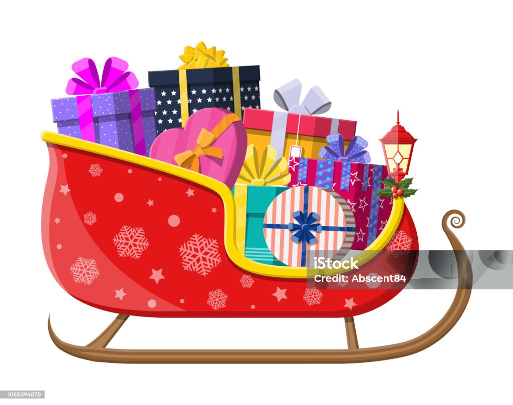 Santa claus sleigh with gifts Santa claus sleigh with gifts boxes with bows. Happy new year decoration. Merry christmas holiday. New year and xmas celebration. Vector illustration in flat style Animal Sleigh stock vector