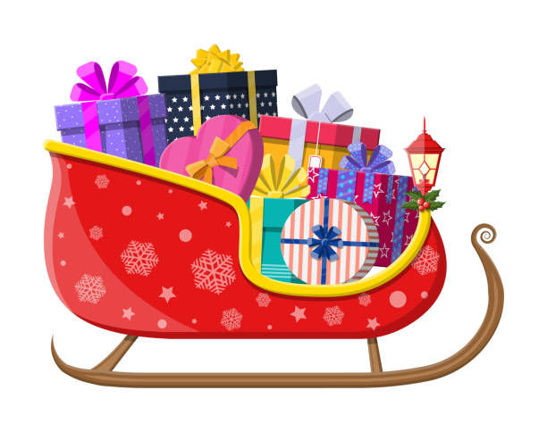 Santa claus sleigh with gifts Santa claus sleigh with gifts boxes with bows. Happy new year decoration. Merry christmas holiday. New year and xmas celebration. Vector illustration in flat style animal sleigh stock illustrations