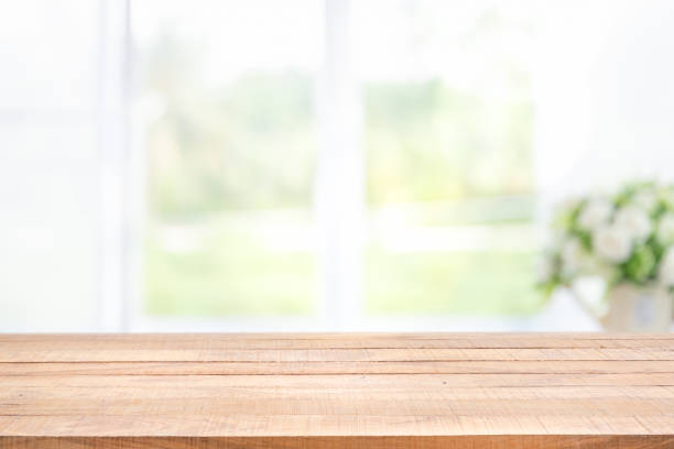 blur background of white window glass and green view from garden with empty of wood table. - photography nature rural scene full frame imagens e fotografias de stock