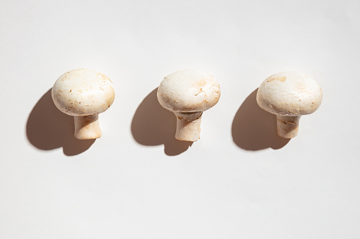 Three champignon mushrooms in horizontal row on white background