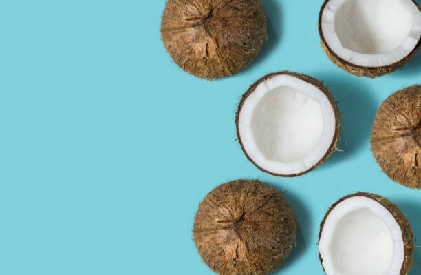 istock Top view of coconut isolated on blue background Summer concept. Flat lay. Pattern. 1055400864