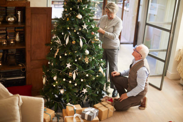 istock Senior couple decorating the christmas tree at home. 1055406866