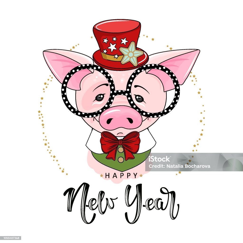 Cute festive pig with the inscription happy New Year. Vector illustration. Animal stock vector