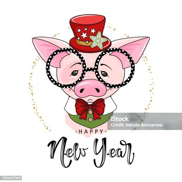 Cute Festive Pig With The Inscription Happy New Year Vector Illustration Stock Illustration - Download Image Now