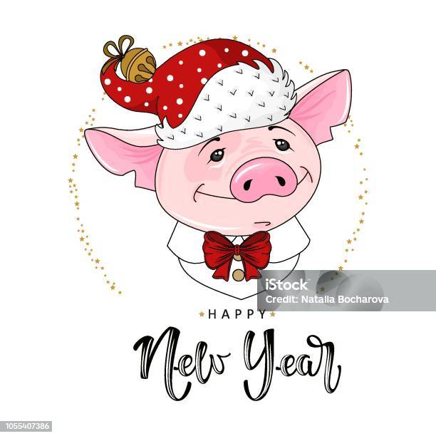 Cute Festive Pig With The Inscription Happy New Year Vector Illustration Stock Illustration - Download Image Now