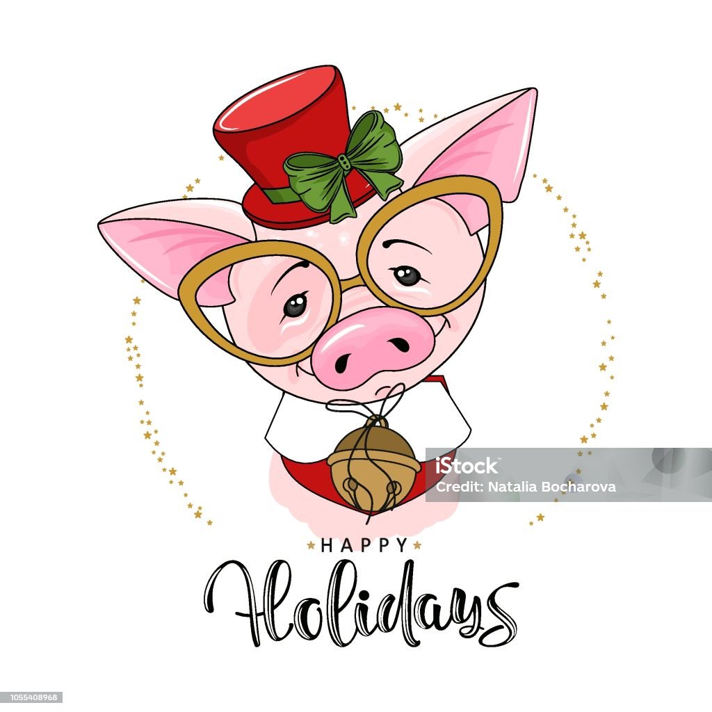 Cute festive pig with the inscription Happy Holidays. Vector illustration. Animal stock vector