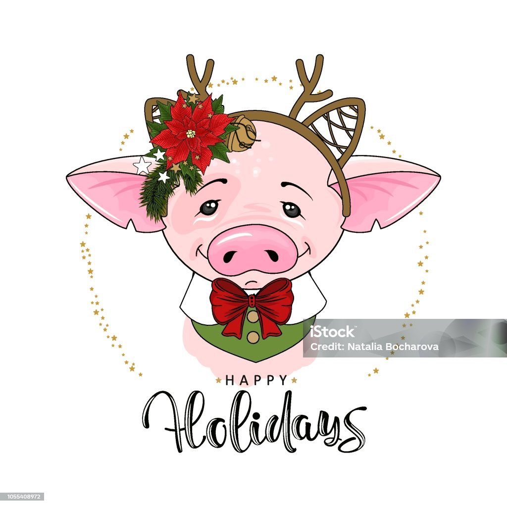 Cute festive pig with the inscription Happy Holidays. Vector illustration. Animal stock vector