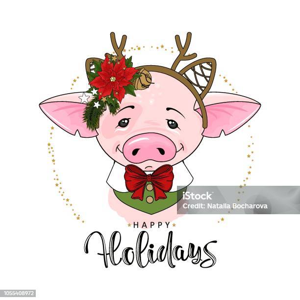 Cute Festive Pig With The Inscription Happy Holidays Vector Illustration Stock Illustration - Download Image Now