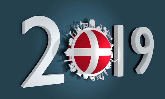 Circle with industry relative silhouettes. Objects located around the circle. Industrial design background. Flag of the Denmark. 2019 year number