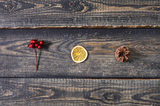 istock Beautiful Christmas composition on dark wooden background. Flat lay, top view 1055420266