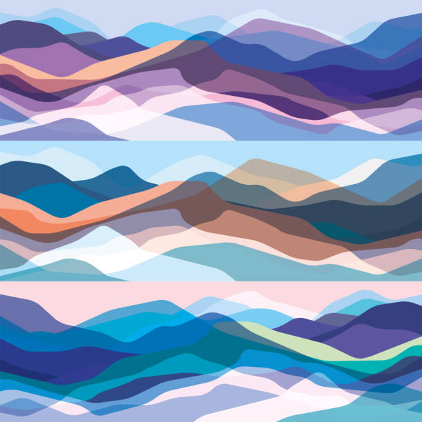 ilustrações, clipart, desenhos animados e ícones de montanhas de cor definidas, translúcidas ondas, formas abstratas de vidro, fundo moderno, vector design ilustração para você projetar - mount tom